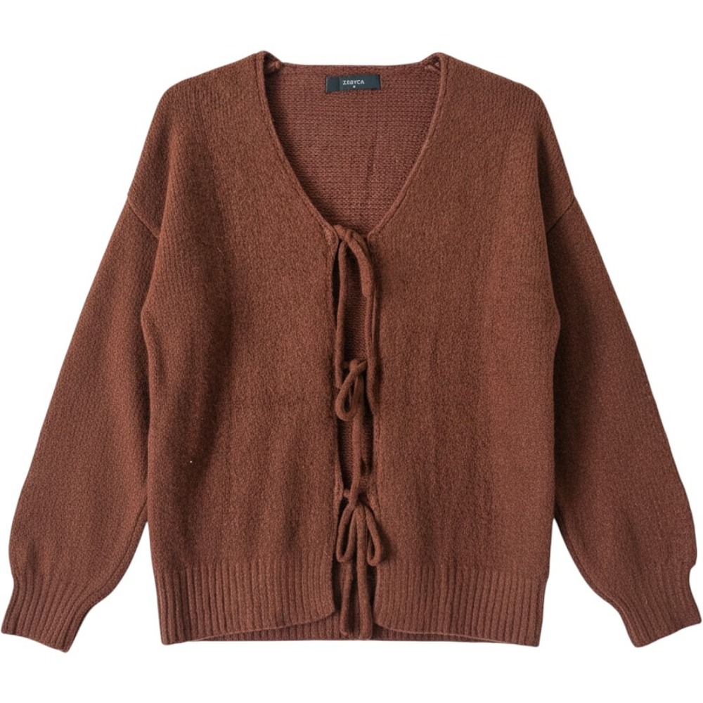 ZESICA Women Tie Front Cardigan Sweater Size S Brown Knit Boho Fall Cottage
